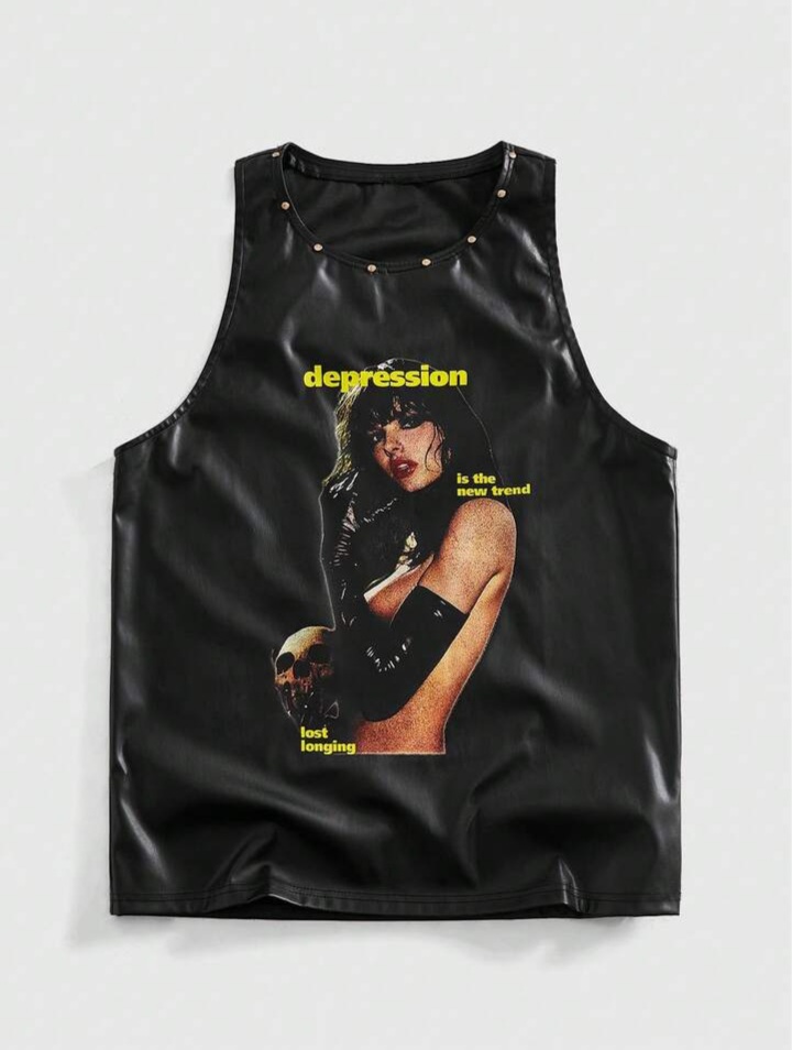 Men's Street Fashion PU Rivet Portrait Tank Top